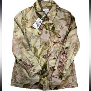 Reiss NYBG Linen Floral Utility Jacket Khaki NWT Women Sz 6 Modern Vacation Chic
